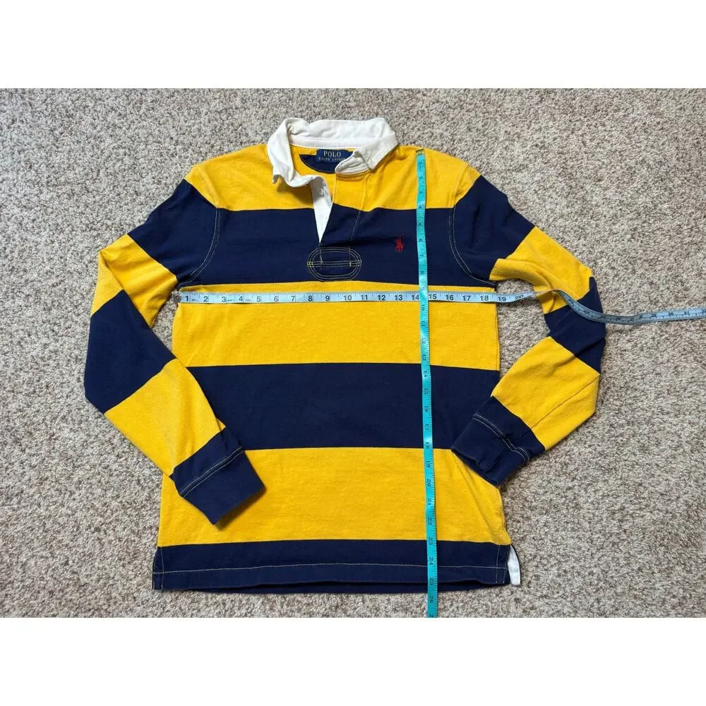 Polo Ralph Lauren Rugby Shirt Mens Small Yellow Navy Blue Striped Long Sleeve